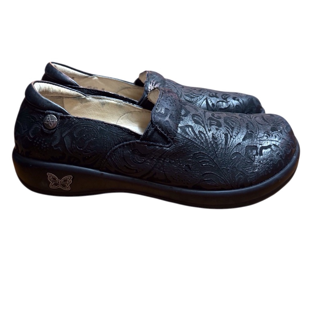 Alegria black floral textured leather slip on comfort shoe women’s US 8 EU 38